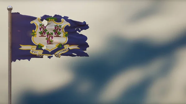Ilustración de la bandera de Connecticut 3D andrajosa ondeando en Flagpole . —  Fotos de Stock
