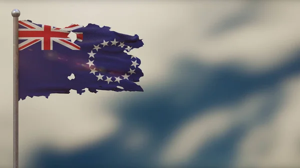 クック諸島3Dテータードウェーブ旗イラスト上の旗竿. — ストック写真