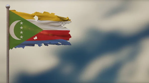 Comores 3D-s rongyos hullámzó zászló illusztráció zászlórúd. — Stock Fotó