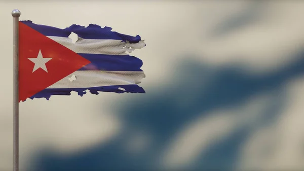 Cuba 3D esfarrapado acenando ilustração bandeira em Flagpole . — Fotografia de Stock