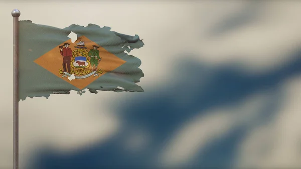 Delaware 3D despedaçado acenando ilustração bandeira em Flagpole . — Fotografia de Stock