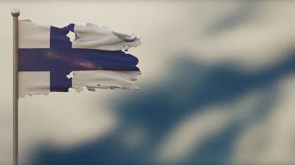 Finlandiya 'da bayrak direğinde sallanan 3D yırtık bayrak resmi. — Stok fotoğraf
