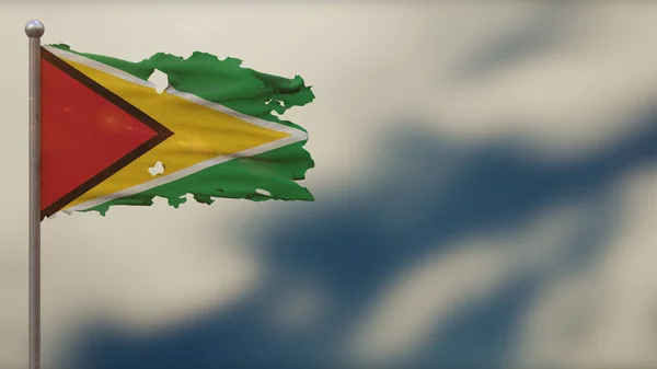 Guyana 3D tattered waving flag illustration on Flagpole. — Stock Photo, Image