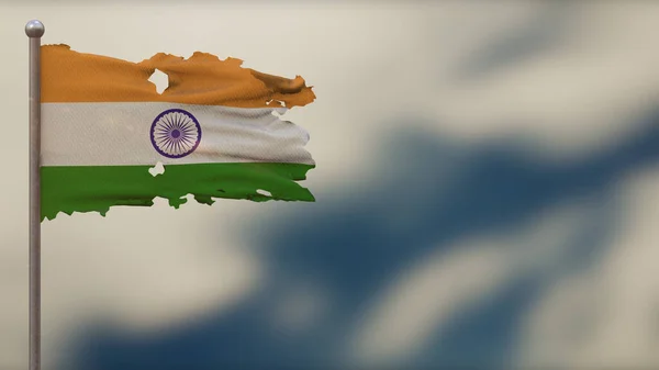Ilustración de la bandera de la India 3D andrajosa ondeando en asta de bandera . — Foto de Stock