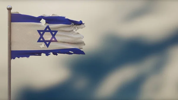 Izrael 3d megrongált hullámzó zászló illusztráció a zászlórúdon. — Stock Fotó