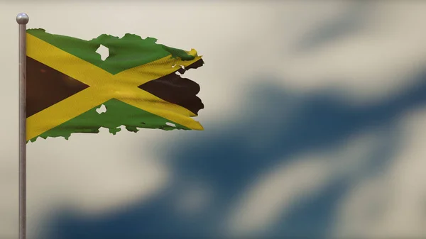 Jamaica 3D andrajoso ondeando bandera ilustración en Flagpole . — Foto de Stock