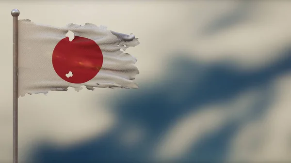 Japón 3D andrajoso ondeando bandera ilustración en Flagpole . — Foto de Stock