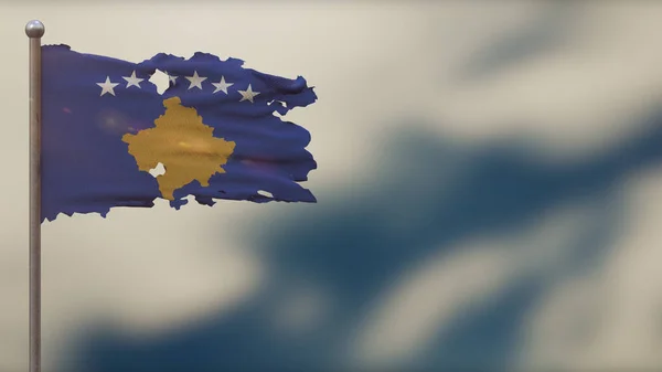 Kosovo 3d verscheurd wapperen vlag illustratie op vlaggenmast. — Stockfoto