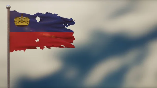 Liechtenstein 3d verscheurd wapperen vlag illustratie op vlaggenmast. — Stockfoto