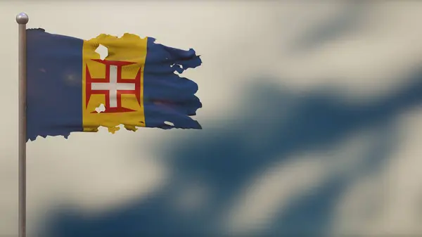 Illustration du drapeau en lambeaux 3D de Madère sur Flagpole . — Photo