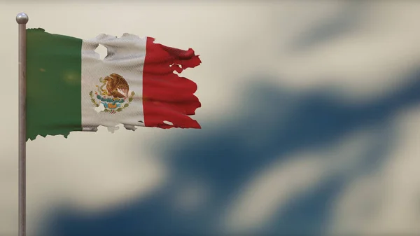 México Ilustración de bandera ondeante hecha jirones 3D en Flagpole . — Foto de Stock