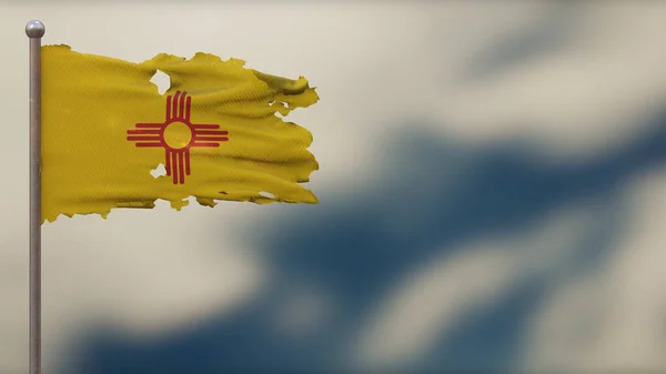 New Mexico 3d gescheurd zwaaien vlag illustratie op vlaggenmast. — Stockfoto