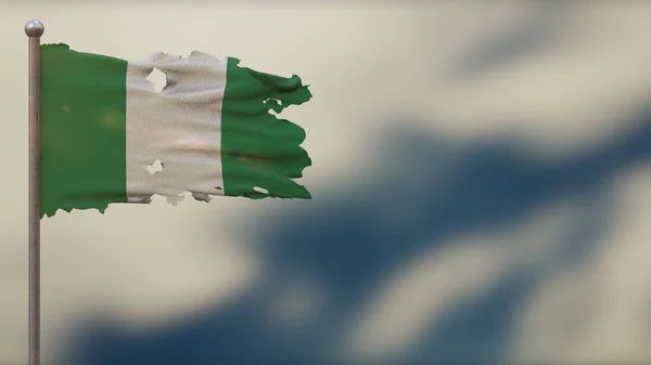 Nigeria 3D zerfleddert schwenkende Flagge Illustration auf Fahnenmast. — Stockfoto