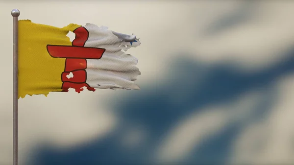 Nunavut 3d gescheurd zwaaien vlag illustratie op vlaggenmast. — Stockfoto