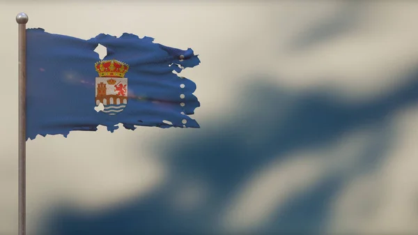 Ourense 3D esfarrapado acenando ilustração bandeira no Flagpole . — Fotografia de Stock