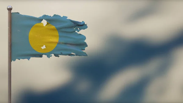Palau 3d gescheurd zwaaien vlag illustratie op vlaggenmast. — Stockfoto