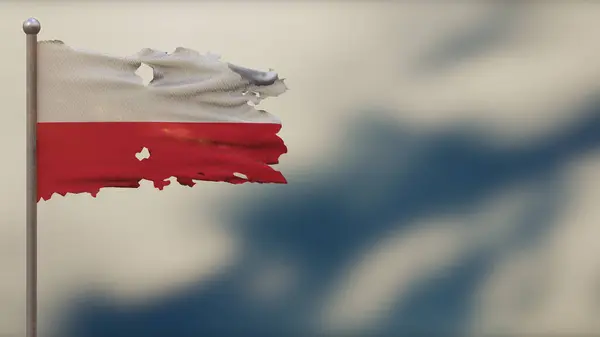 Πολωνία 3d tattered κυματίζει σημαία εικονογράφηση στο Flagpole. — Φωτογραφία Αρχείου