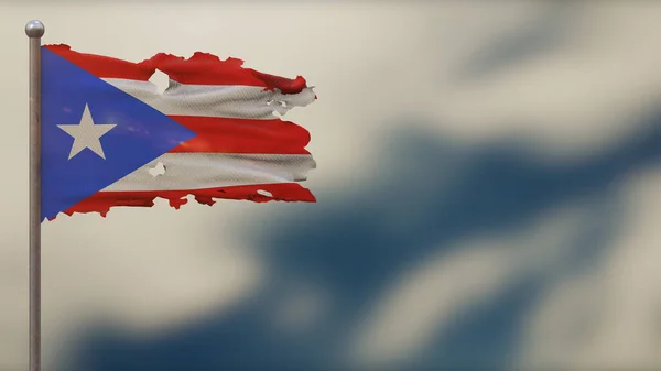 Puerto Rico 3d gescheurd zwaaien vlag illustratie op vlaggenmast. — Stockfoto
