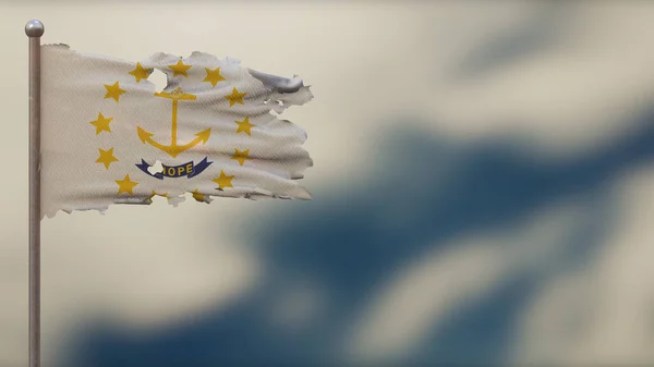 Rhode Island 3D tattered waving flag illustration on Flagpole. — Stock Photo, Image