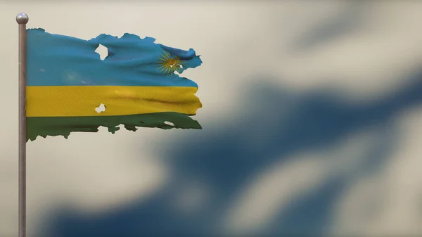 Ruanda 3D zerfledderte Fahnenschwenken Illustration auf Fahnenmast. — Stockfoto