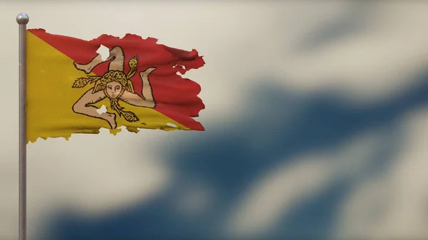 西西里3D破烂不堪的旗帜插画在旗杆上. — 图库照片