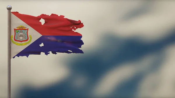 Sint Maarten 3D esfarrapado acenando ilustração bandeira em Flagpole . — Fotografia de Stock
