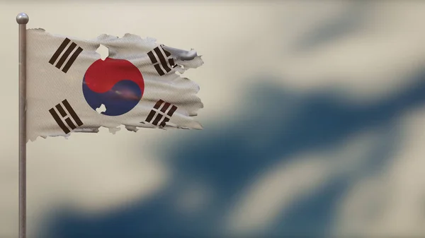 Zuid-Korea 3d gescheurd zwaaien vlag illustratie op vlaggenmast. — Stockfoto