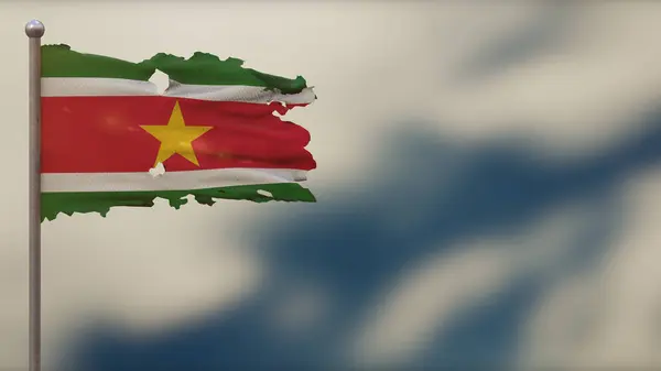 Suriname 3d rongyos integető zászló illusztráció zászlórúdra. — Stock Fotó