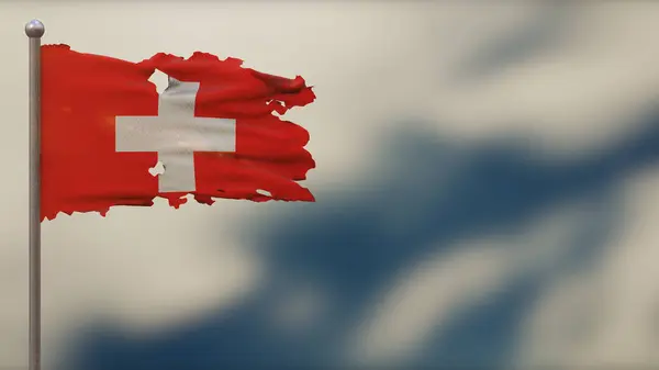 Suiza 3D jirones ondeando bandera ilustración en el asta de la bandera . —  Fotos de Stock