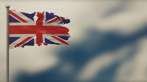 Birleşik Krallık bayrak direğinde sallanan 3 boyutlu yırtık bayrak çizimi. — Stok fotoğraf