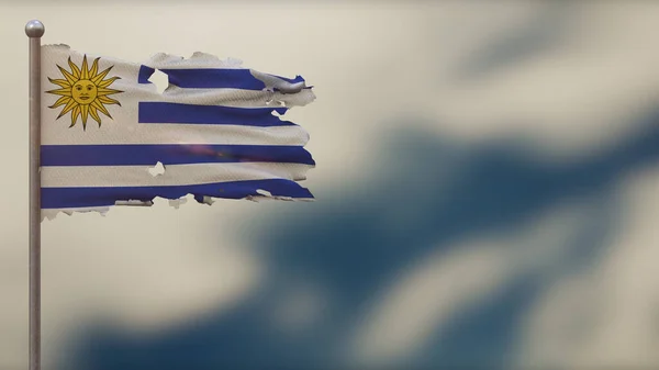 Uruguay 3d tattered розмахуючи прапором ілюстрація на Flagpole. — стокове фото