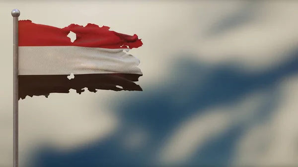 Jemen 3d gescheurd zwaaien vlag illustratie op vlaggenmast. — Stockfoto