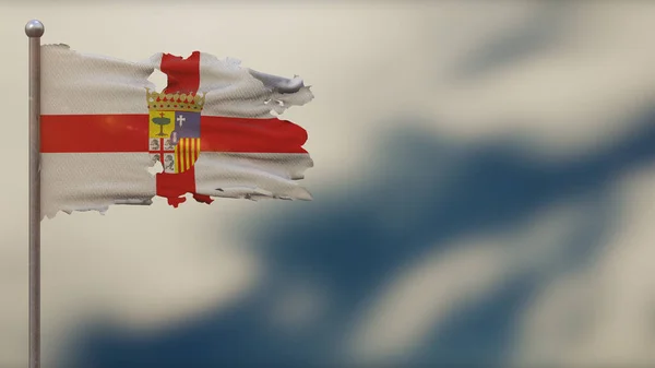Иллюстрация флага Сарагосы 3D с рваным флагом на флагштоке . — стоковое фото