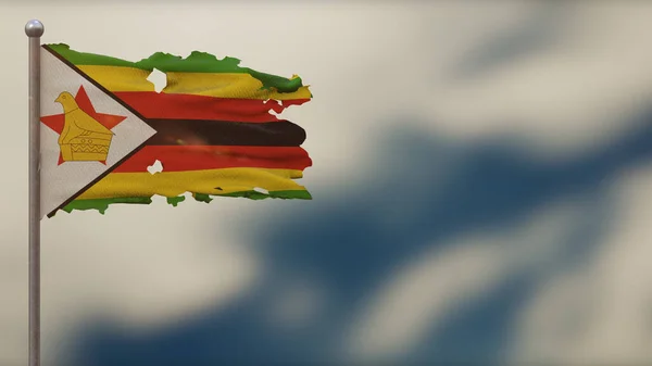 Иллюстрация флага Зимбабве 3D с рваным флагом на флагштоке . — стоковое фото