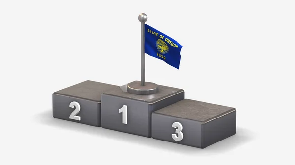 Oregon 3D waving flag illustration on winner podium. — Stock Photo, Image