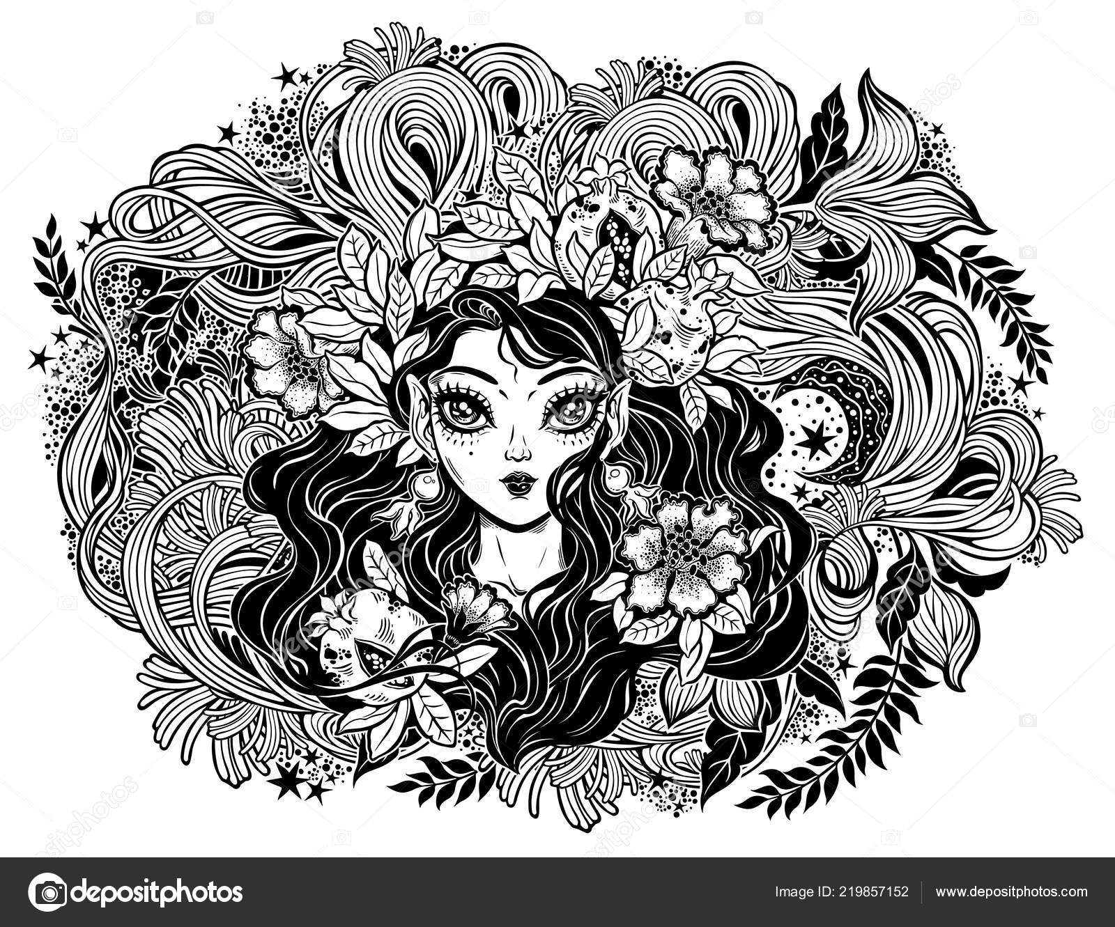 Celtic Fairy Elf Girl Pagan Illustration With Moon Stock