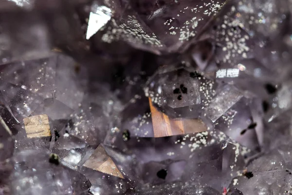 Gemstone Amethyst closeup as a part of cluster geode filled with rock Quartz crystals.