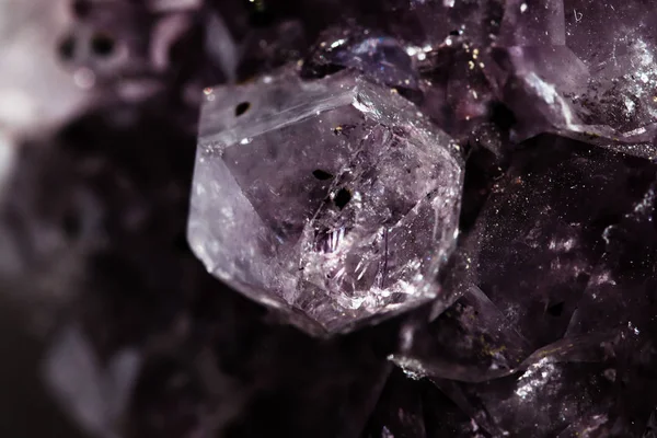 Gemstone Amethyst closeup as a part of cluster geode filled with rock Quartz crystals.