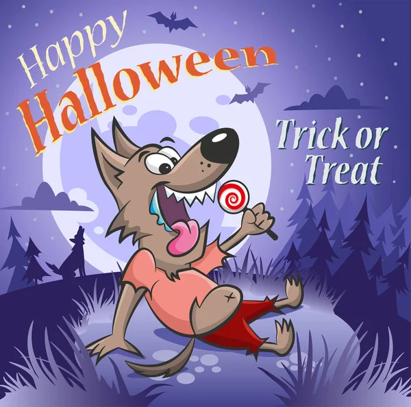 Joyeux Halloween Illustration Loup Garou Avec Bonbon Sous Lune — Image vectorielle