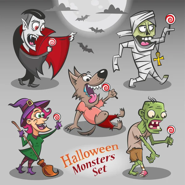 Personagens Monstros Halloween Desenhos Animados Ilustração Vetorial Engraçado Monstros Desenhados — Vetor de Stock