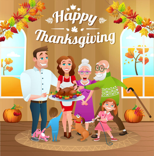 Иллюстрация ко Дню Благодарения. Счастливая семья с запеченной индейкой. Фон украшен осенними листьями, ягодами и тыквами
.