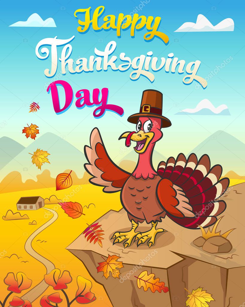 Tarjeta de felicitación para el día de acción de gracias con pavo feliz