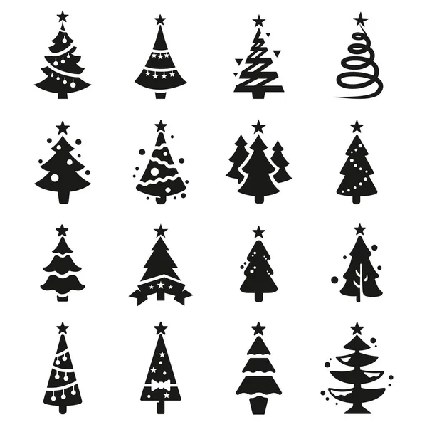 Kerstboom Zwarte Pictogrammen Vector Set Met Zwarte Silhouetten Van Kerstboom — Stockvector