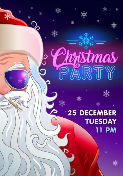 Noel partisi davetiyesi posteri, gözlüklü havalı Noel Baba, Neon metin ve kar taneli arka plan