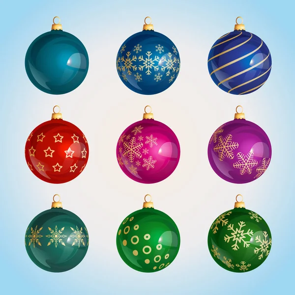 Kerstballen Verschillende Kleuren Met Sneeuwvlokkenpatroon Vrolijke Kerstgroeten Rode Strikken Winterachtergrond — Stockvector
