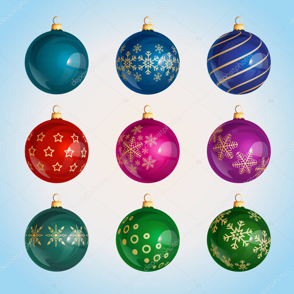 christmas balls in different colors with snowflake pattern, merry christmas greetings and red bows on winter background