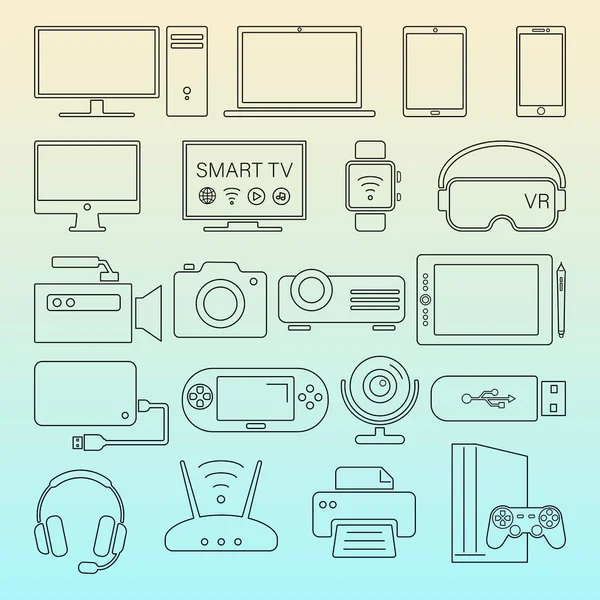 Dispositivos digitais ícones linha preta conjunto isolado — Vetor de Stock