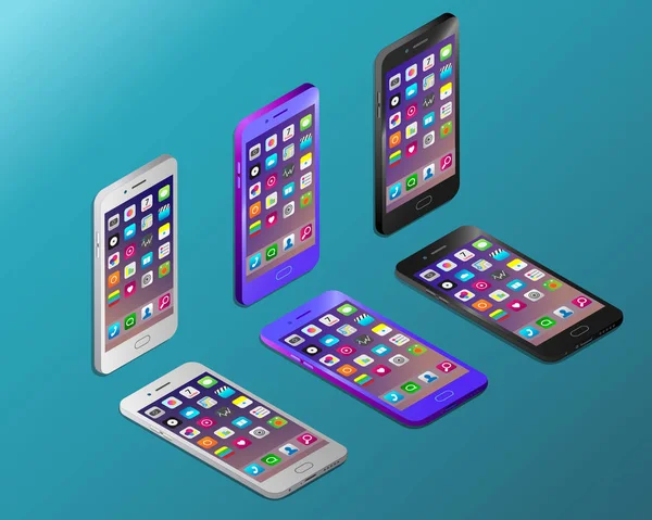 Farbig realistische Smartphones mit Isometrie-Bildschirmen — Stockvektor