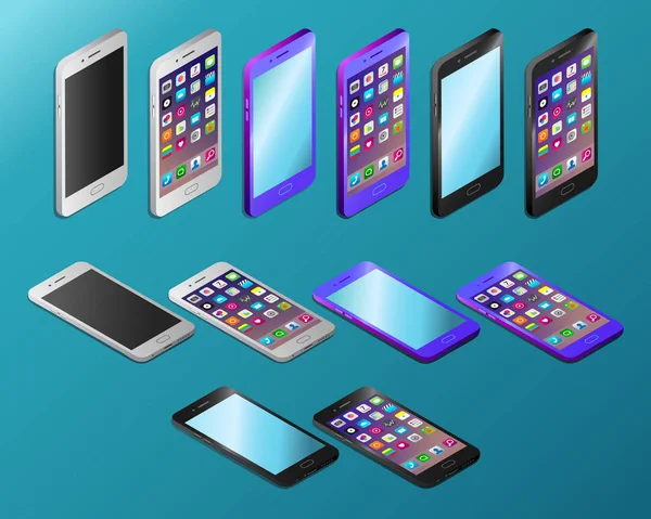 Smartphones réalistes colorés en illustration vectorielle isométrique — Image vectorielle