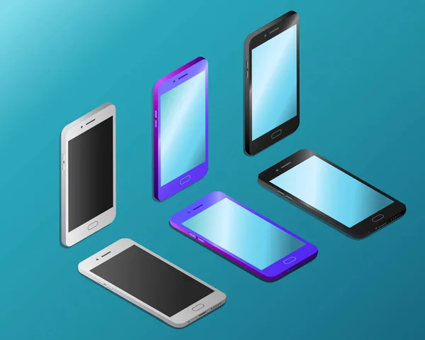 Farbig realistische Smartphones mit leeren Bildschirmen in Isometrie — Stockvektor